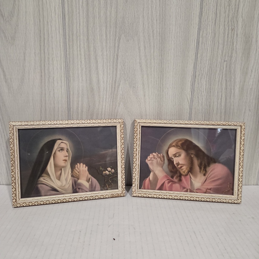 Set 2 Vintage Carved Painted Wood Framed Jesus Virgin Mary Pictures Frames 8x6